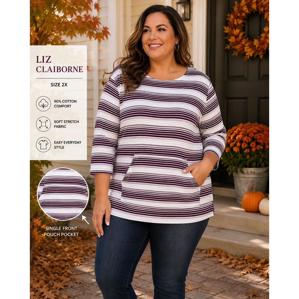 Liz Claiborne Plum White Striped 3/4 Sleeve Pouch Pocket Top Womens 2X 75590-0
